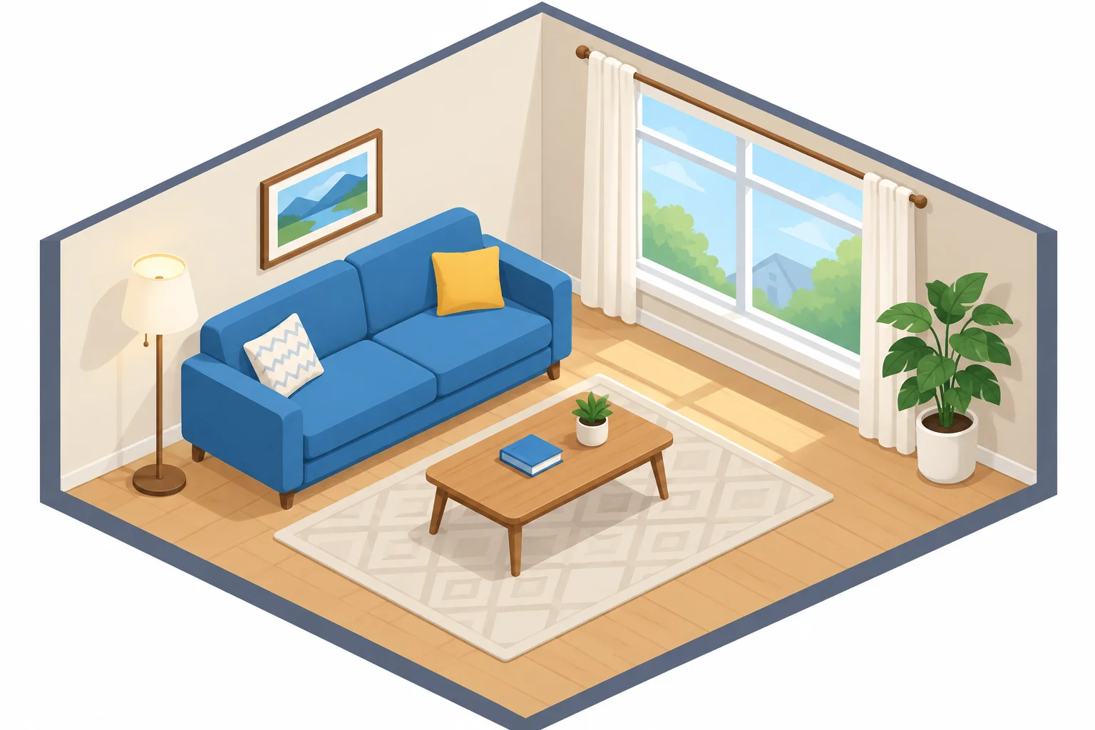 Ilustração de uma sala com sofá azul, mesa de centro, luminária, janela e planta.