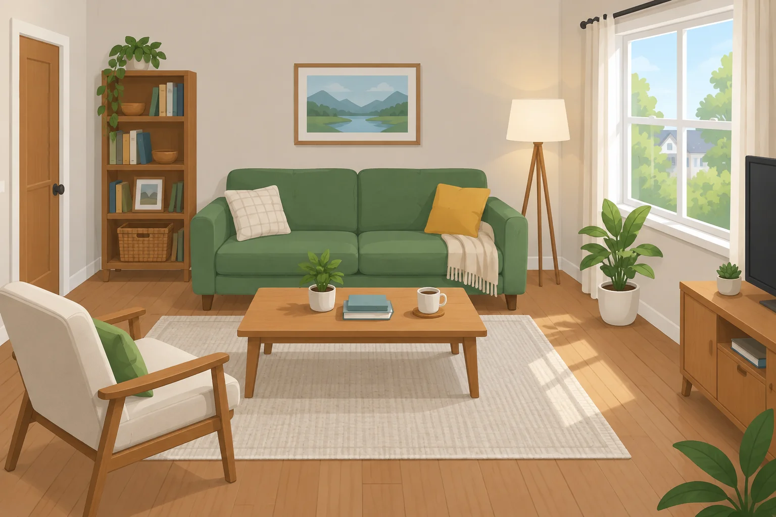 Ilustração de uma sala de estar pequena e clara, vista como um ambiente completo, com sofá, mesa, luminária e janela.