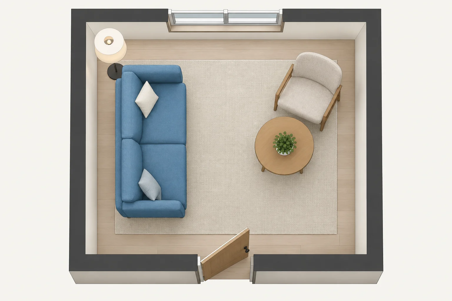 Planta vista de cima de uma sala: porta embaixo, sofá à esquerda, mesa à direita, luminária ao lado do sofá e cadeira atrás da mesa.