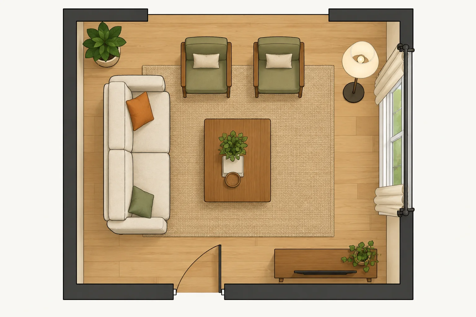 Planta vista de cima de uma sala pequena: porta embaixo, sofá à esquerda, mesa à frente do sofá, luminária e janela à direita e duas cadeiras atrás da mesa.
