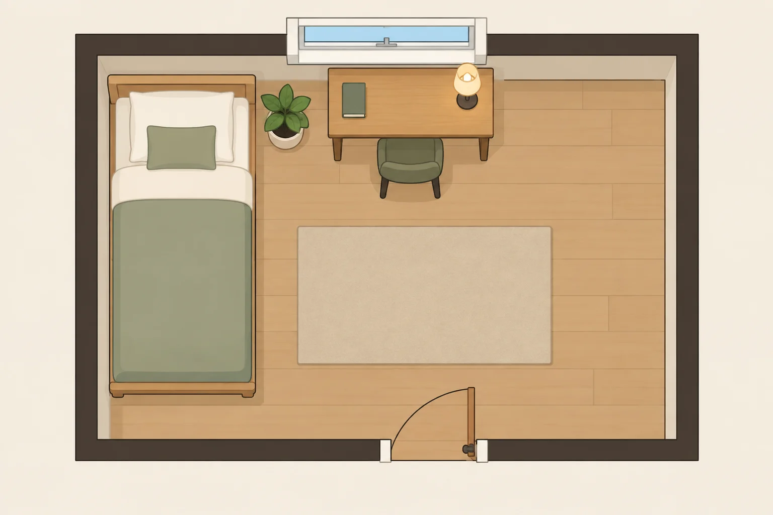 Planta vista de cima de um quarto: porta embaixo, janela em cima, cama à esquerda, mesa sob a janela, cadeira em frente à mesa, luminária na mesa e planta ao lado da cama.