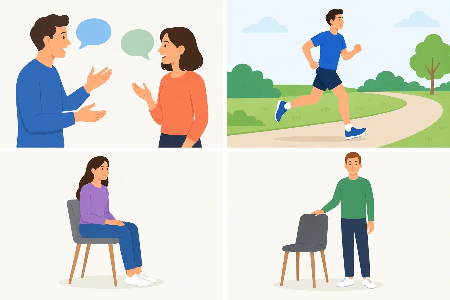 Ilustração em quatro quadros: pessoas conversando, uma pessoa correndo, uma pessoa sentada em uma cadeira e uma pessoa em pé ao lado de uma cadeira.