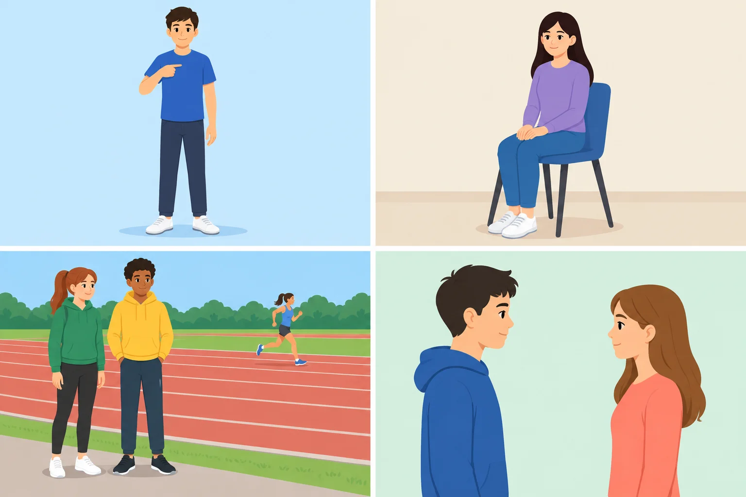 Quatro quadros: uma pessoa em pé apontando para si; uma mulher sentada; duas pessoas paradas perto de uma pista; duas pessoas em silêncio, uma de frente para a outra.