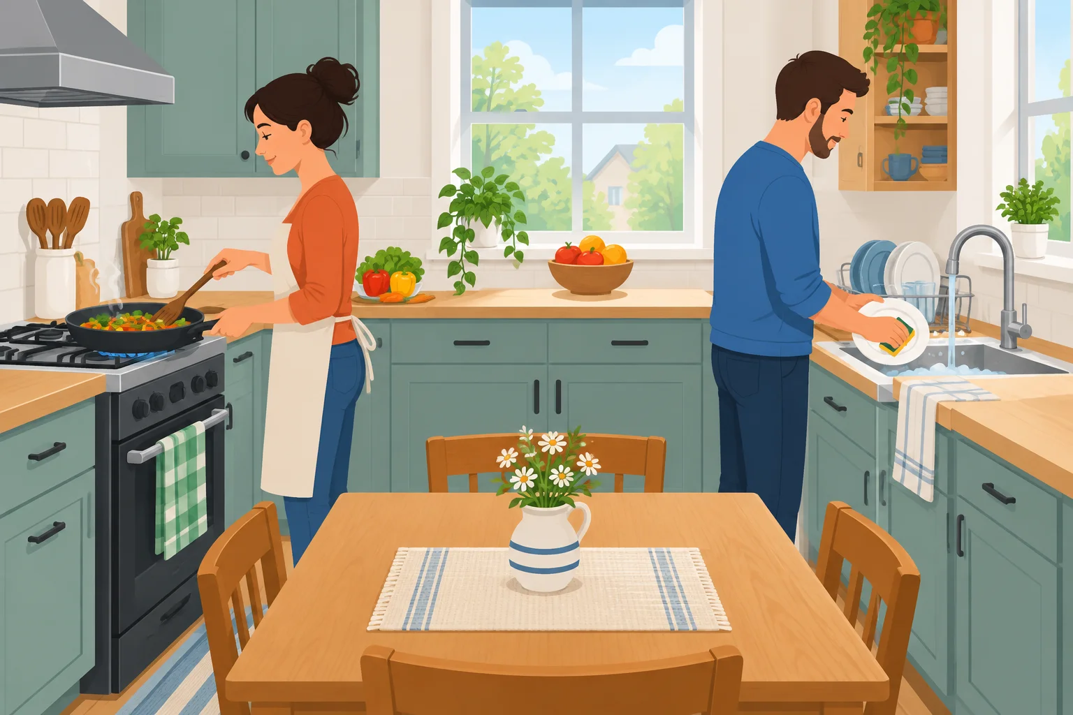Ana cozinha no fogão e Leo lava a louça na pia, em uma cozinha.