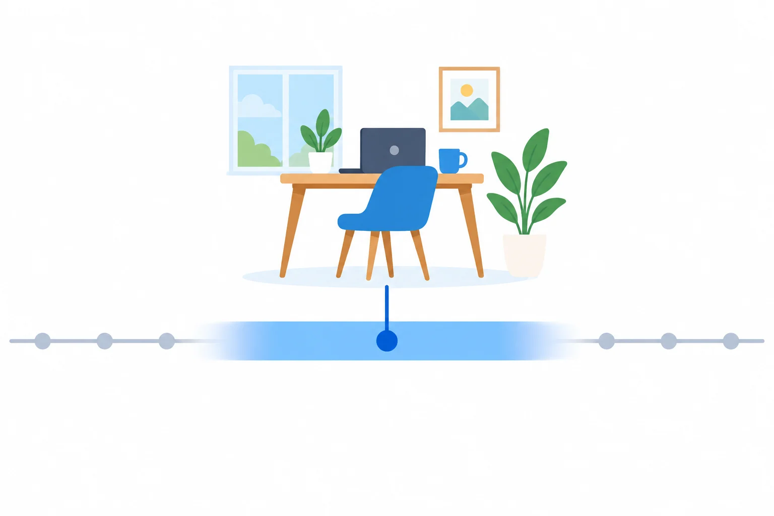 Faixa que representa o mês atual, com o momento presente dentro dela e um ícone de trabalho em casa; as extremidades não indicam datas exatas.