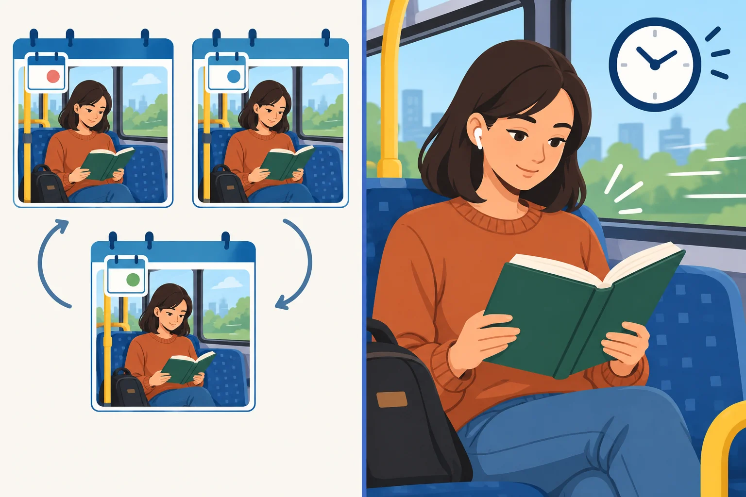 Comparação entre ler no ônibus em vários dias e ler no ônibus no momento atual.