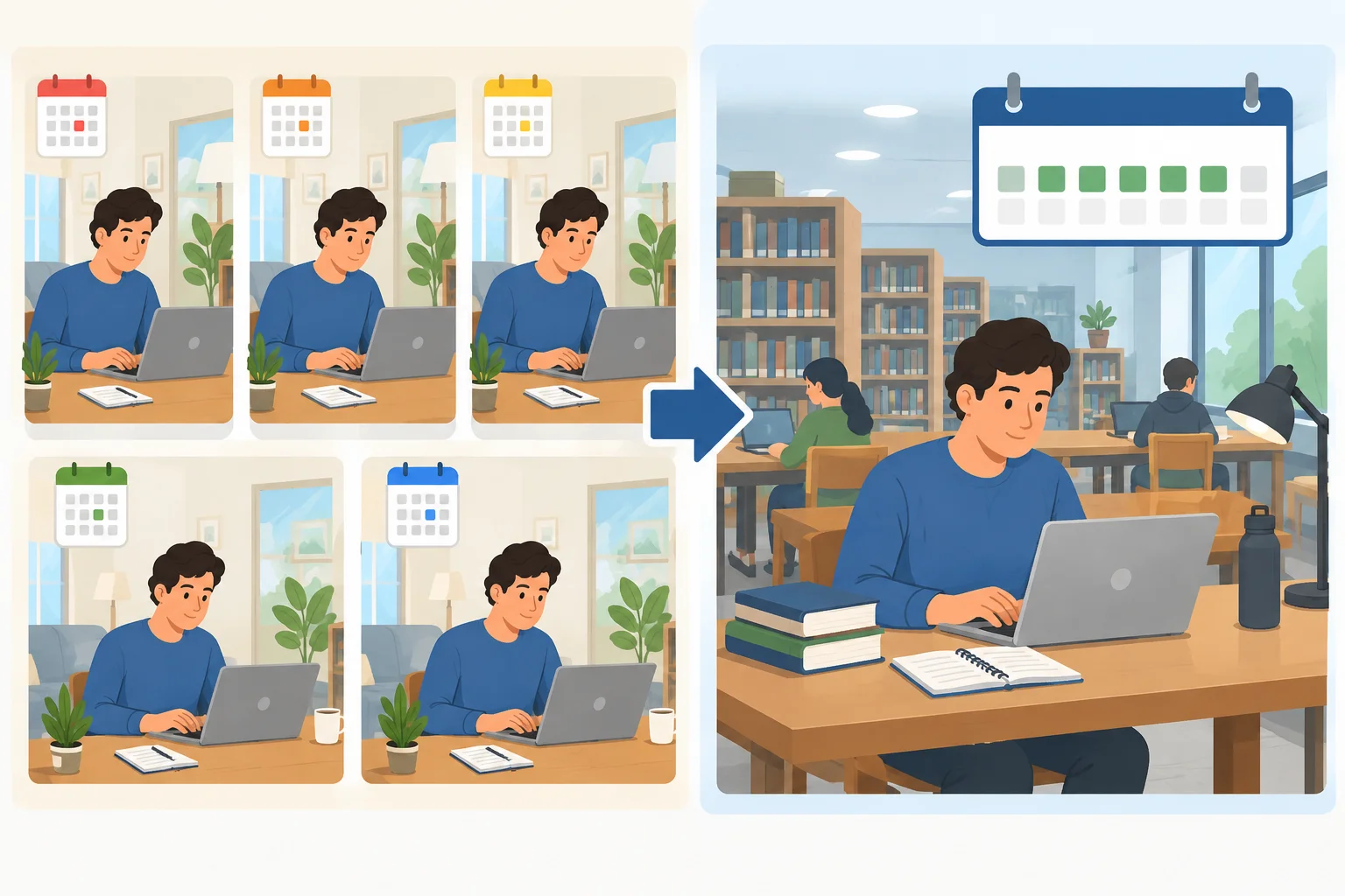 Comparação entre uma pessoa trabalhando em casa como rotina e trabalhando na biblioteca como situação temporária nesta semana.