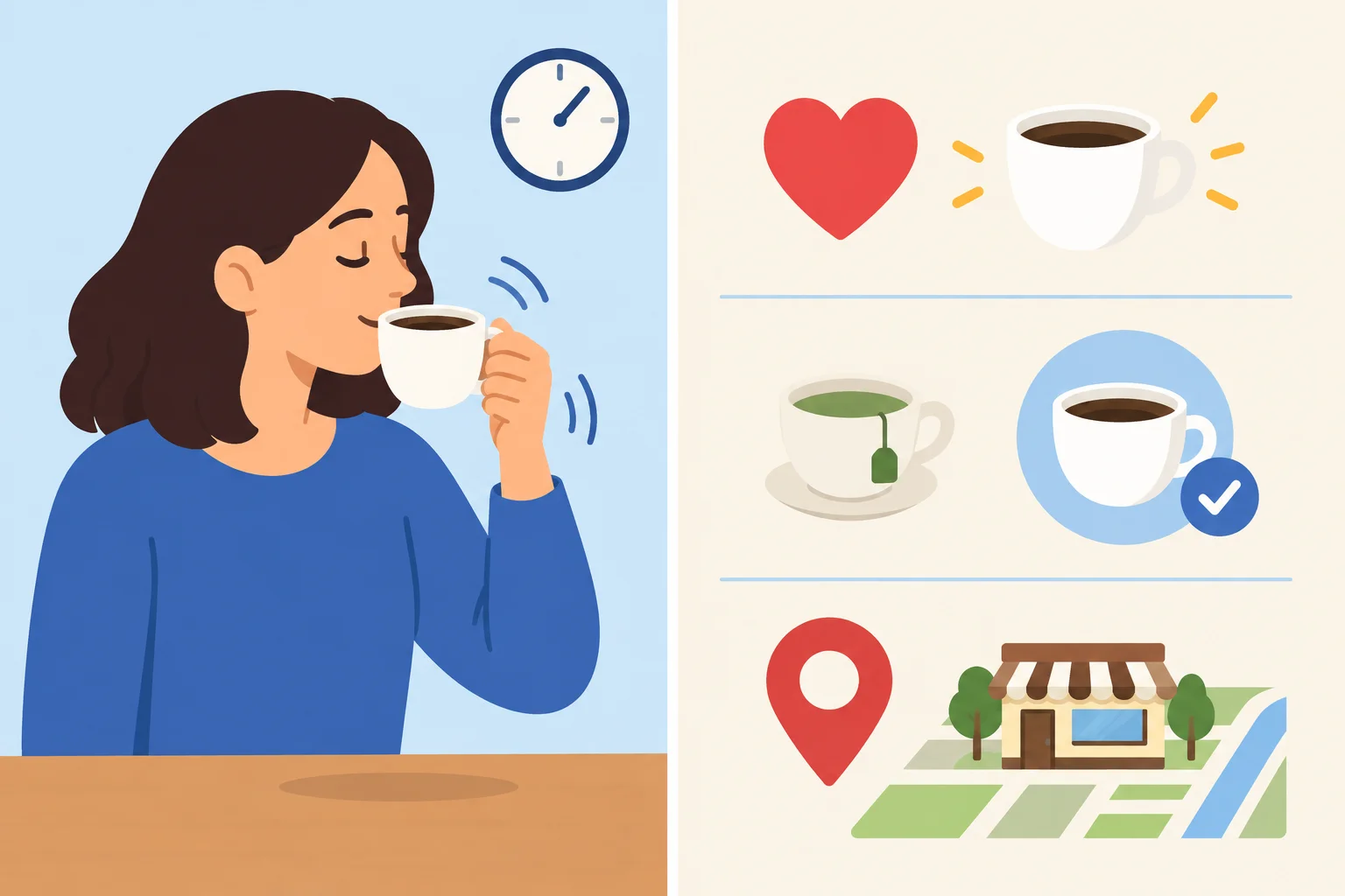 Comparação visual entre beber café no momento e as ideias estáticas de gostar de café, preferir uma opção e conhecer um lugar.