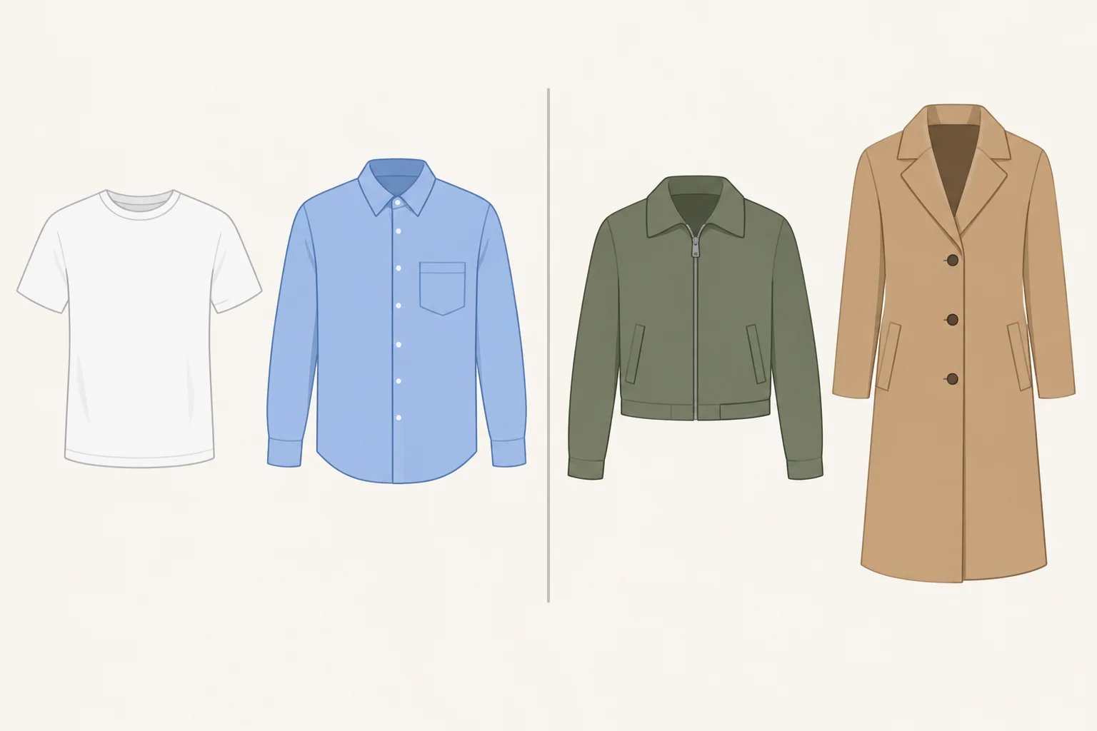 Comparação visual entre camiseta e camisa, e entre jaqueta curta e casaco comprido.