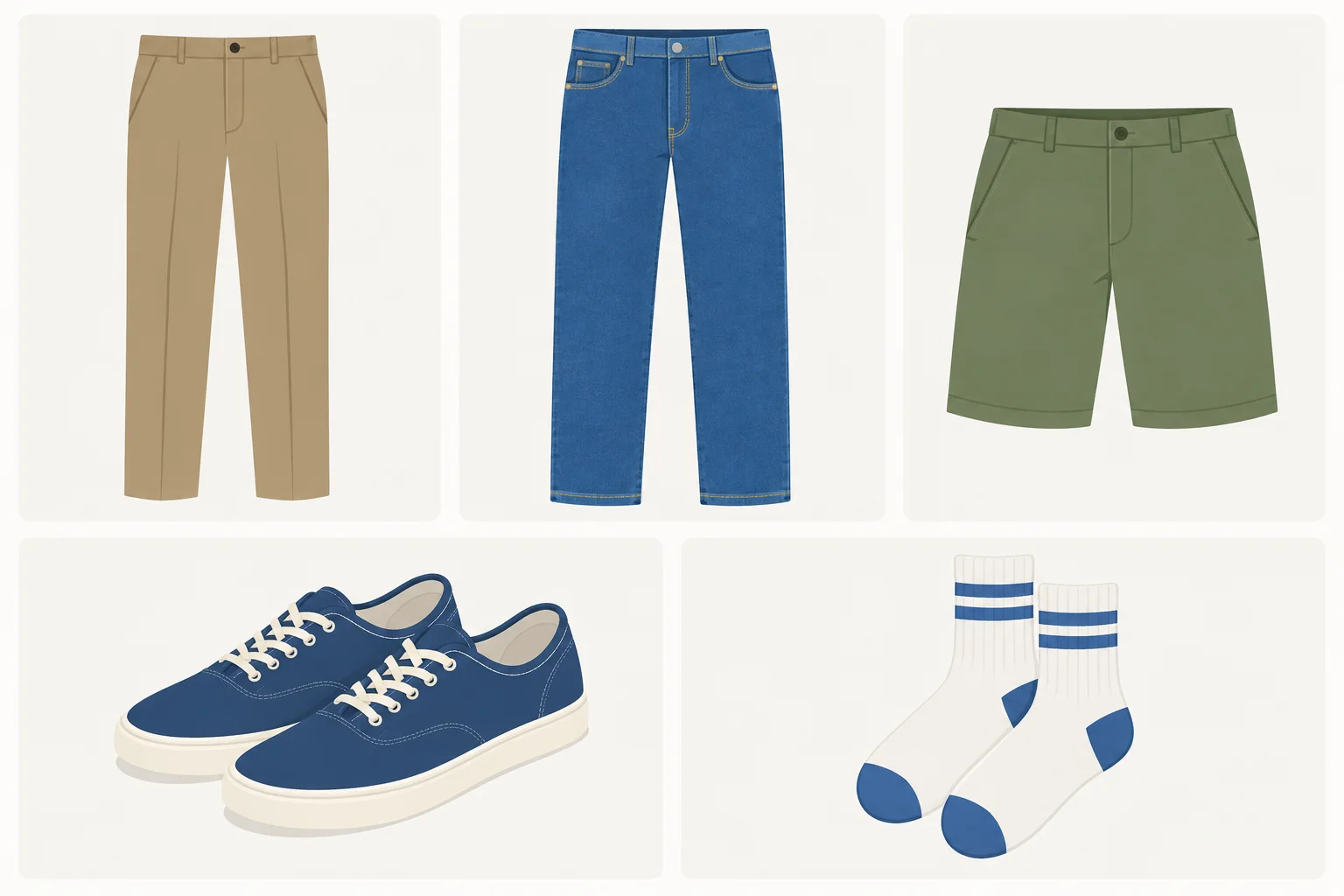 Ilustração com uma calça, um jeans, um shorts, um par de sapatos e um par de meias.