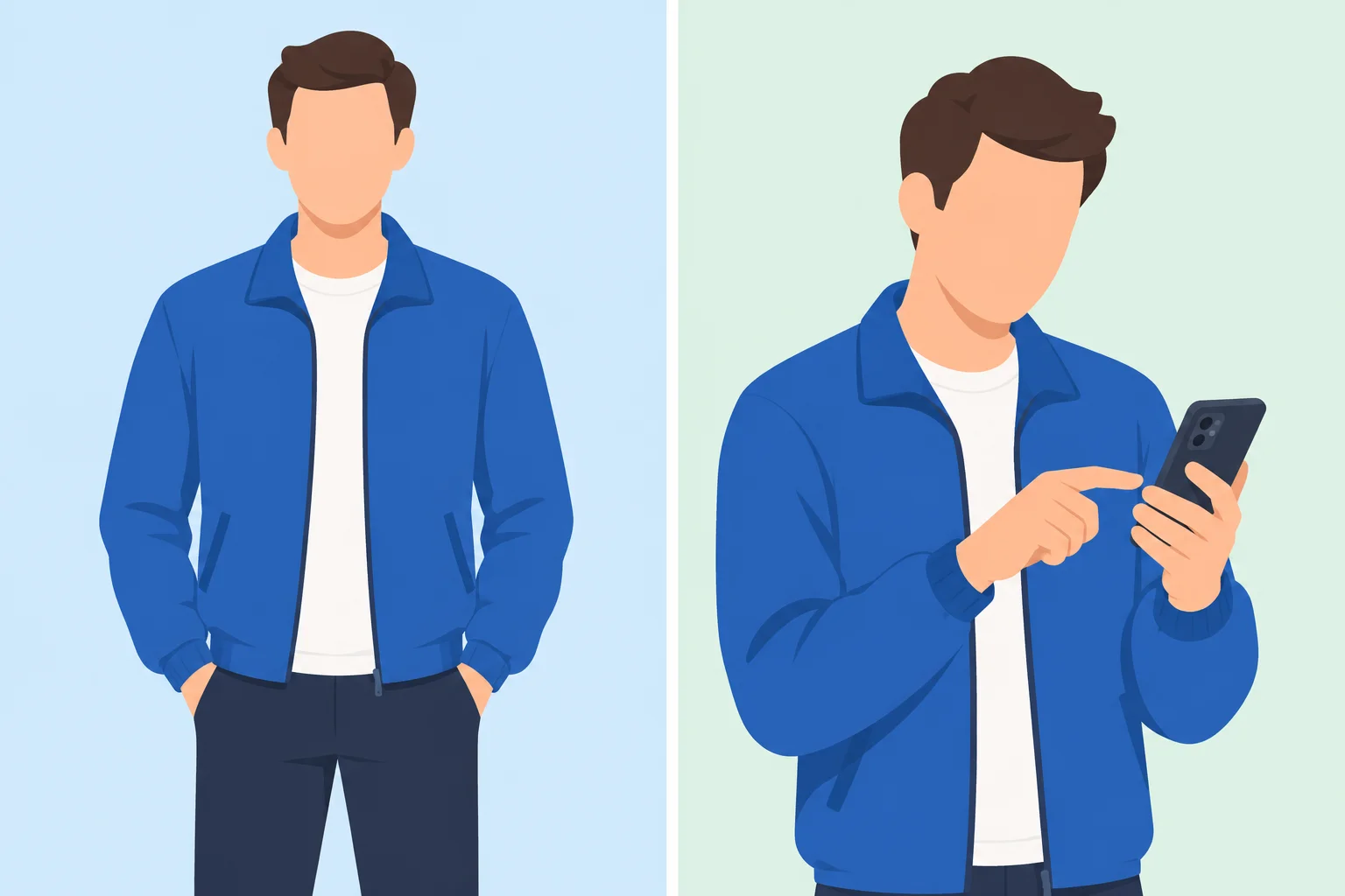Pessoa com uma jaqueta azul vestida ao lado de pessoa usando um celular.