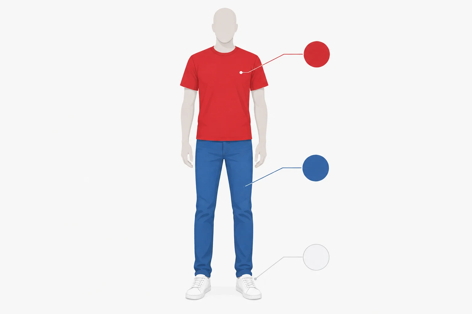 Pessoa ilustrada usando camiseta vermelha, jeans azuis e sapatos brancos.