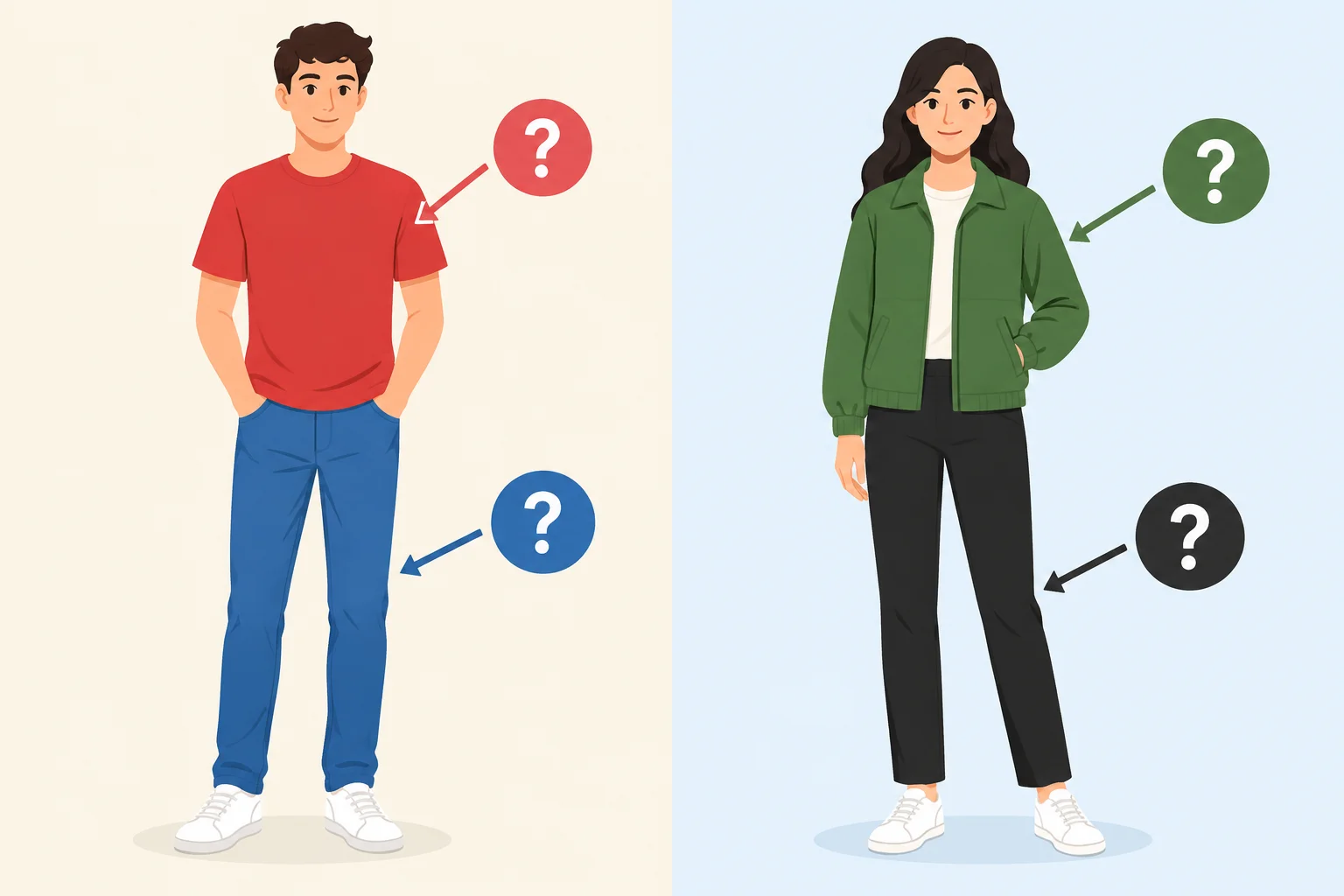 Duas pessoas com combinações diferentes de roupas: uma com camiseta vermelha e jeans azuis; outra com jaqueta verde e calça preta.