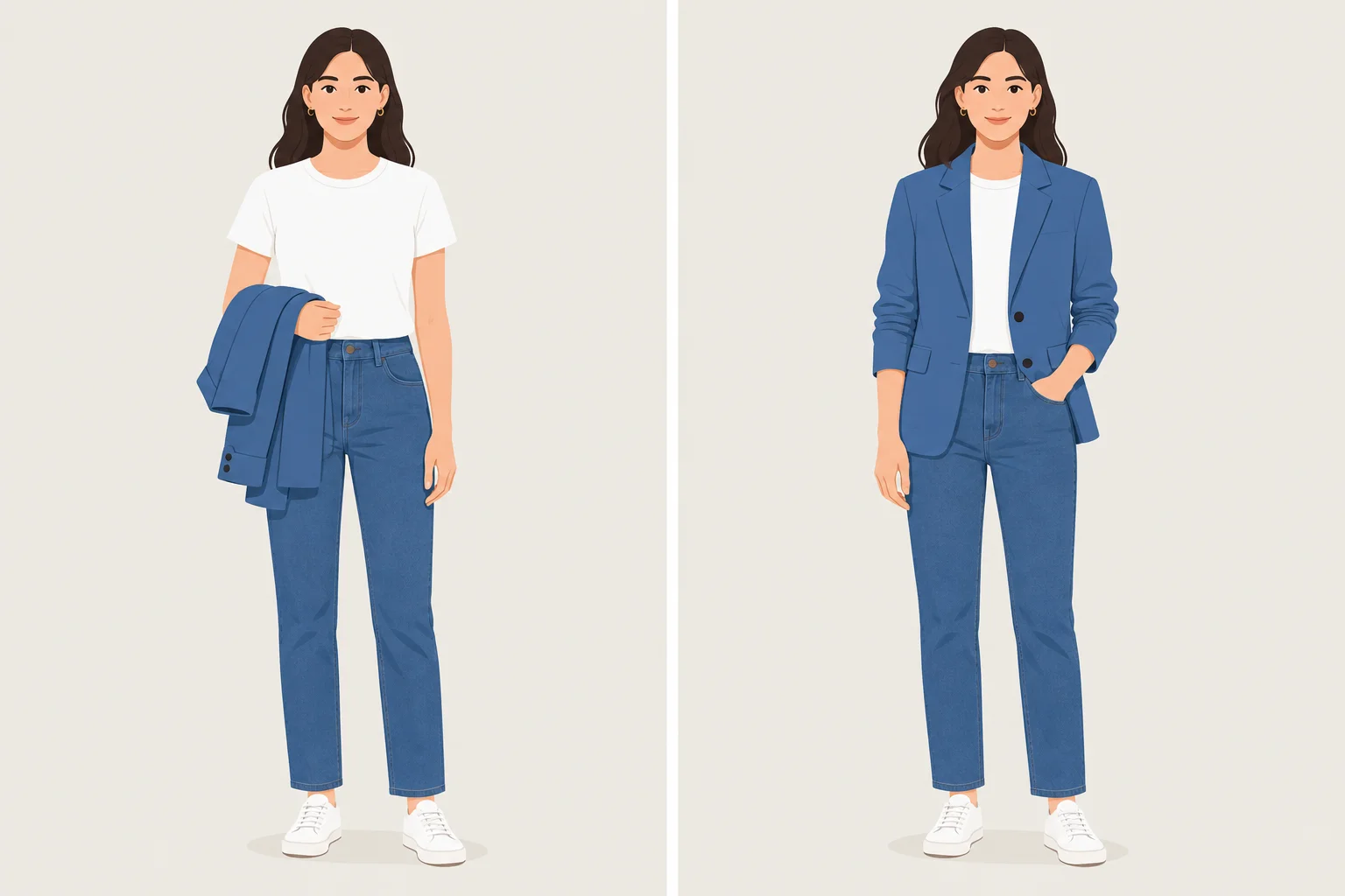 Comparação entre uma pessoa segurando uma jaqueta azul e a mesma pessoa vestindo a jaqueta azul.