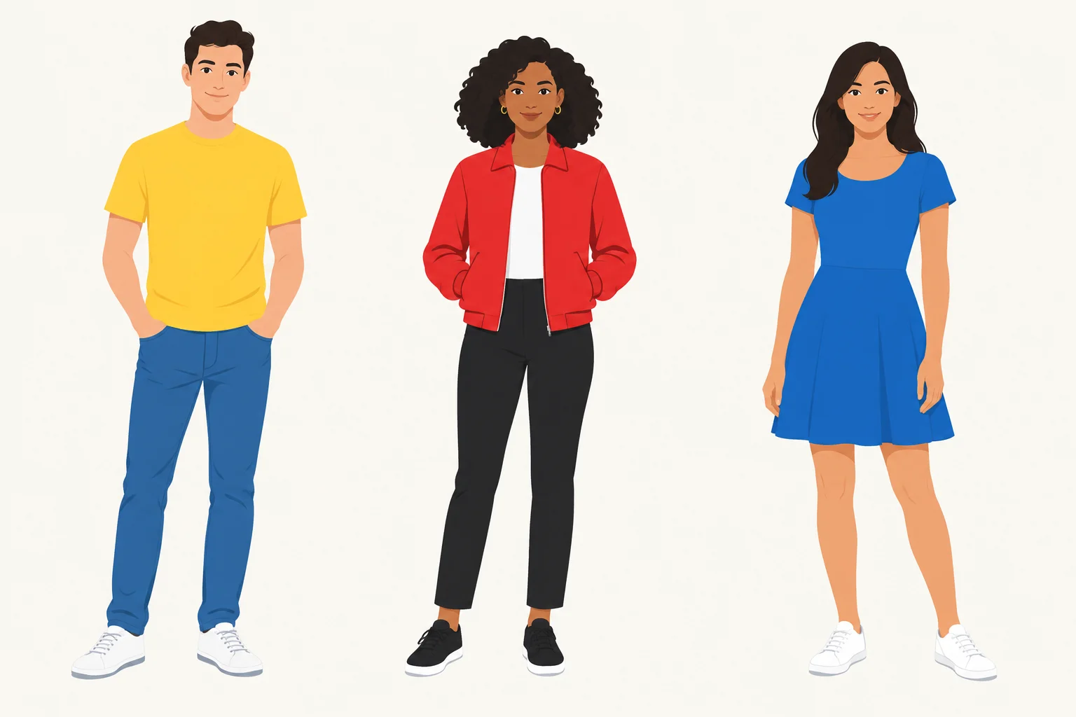 Três pessoas: uma com camiseta amarela e jeans azuis, outra com jaqueta vermelha e calça preta, e outra com vestido azul e sapatos brancos.