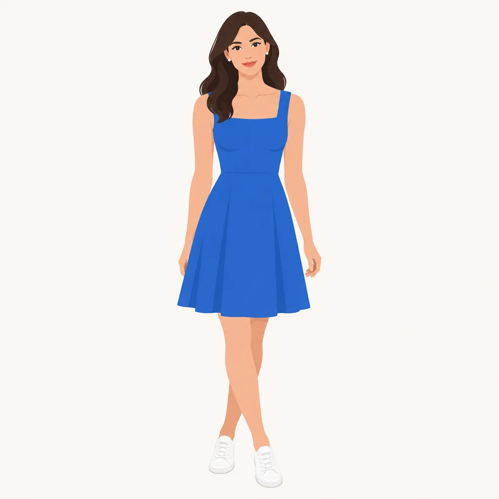Vestido azul e sapatos brancos