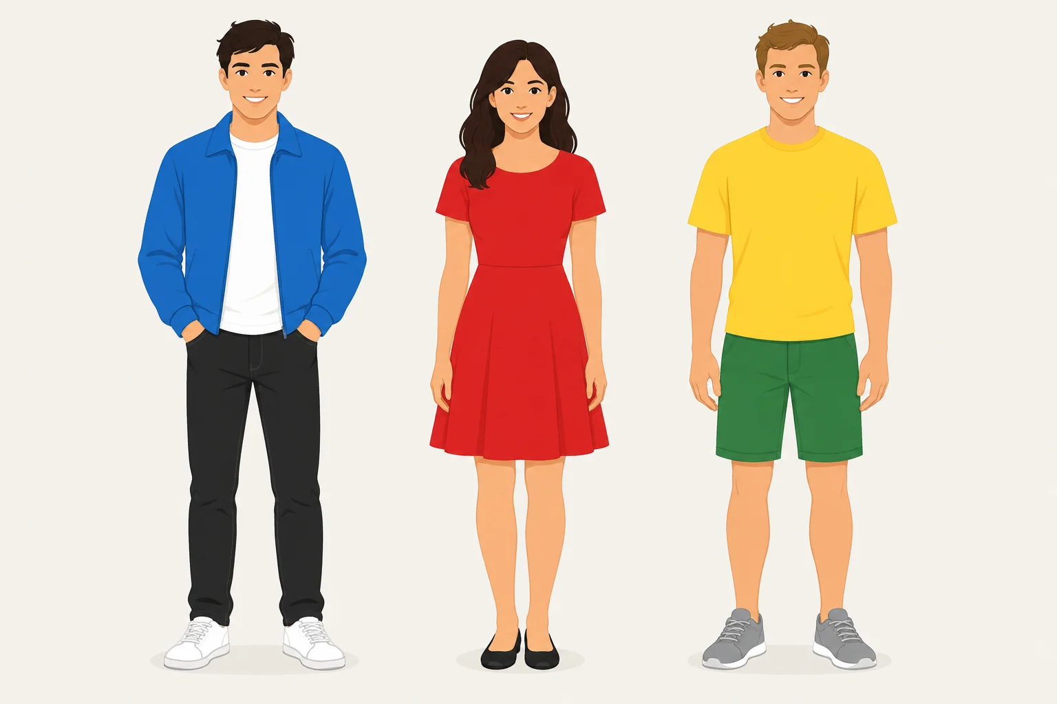 Três pessoas: à esquerda, jaqueta azul, camiseta branca e jeans pretos; ao centro, vestido vermelho; à direita, camiseta amarela e shorts verdes.