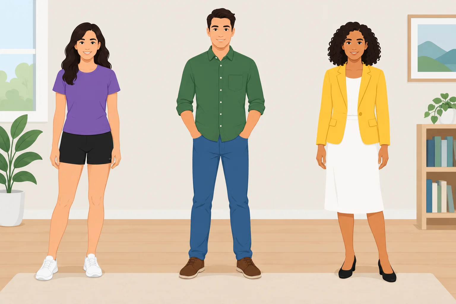 À esquerda, uma mulher com camiseta roxa e shorts pretos. No centro, um homem com camisa verde e jeans azuis. À direita, uma mulher com jaqueta amarela e saia branca.