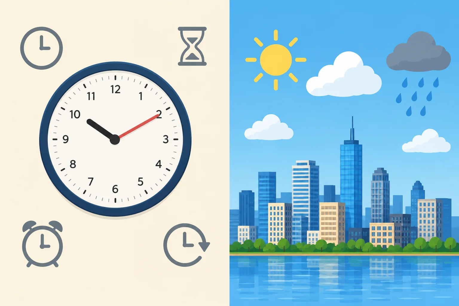Comparação visual entre um relógio para horário e um céu com diferentes condições para tempo meteorológico.