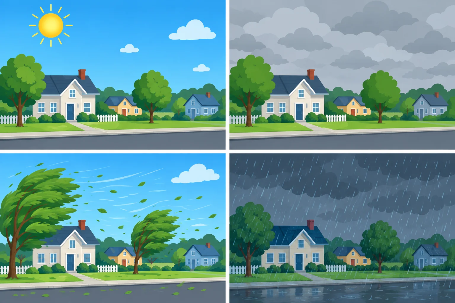 Comparação visual de céu ensolarado, nublado, com vento e chuvoso.