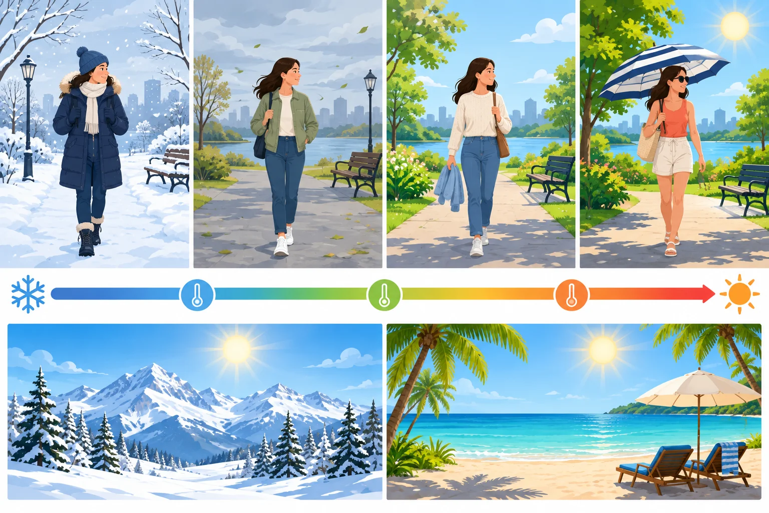 Escala visual que vai de uma paisagem gelada a uma paisagem de muito calor; também mostra dois lugares ensolarados, um frio e outro quente.