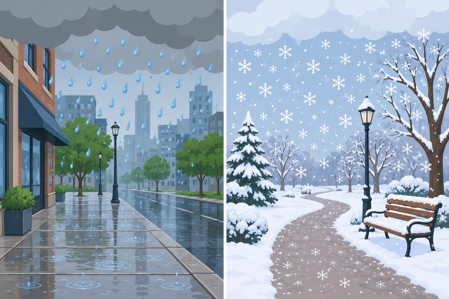 Comparação entre chuva caindo e neve caindo.