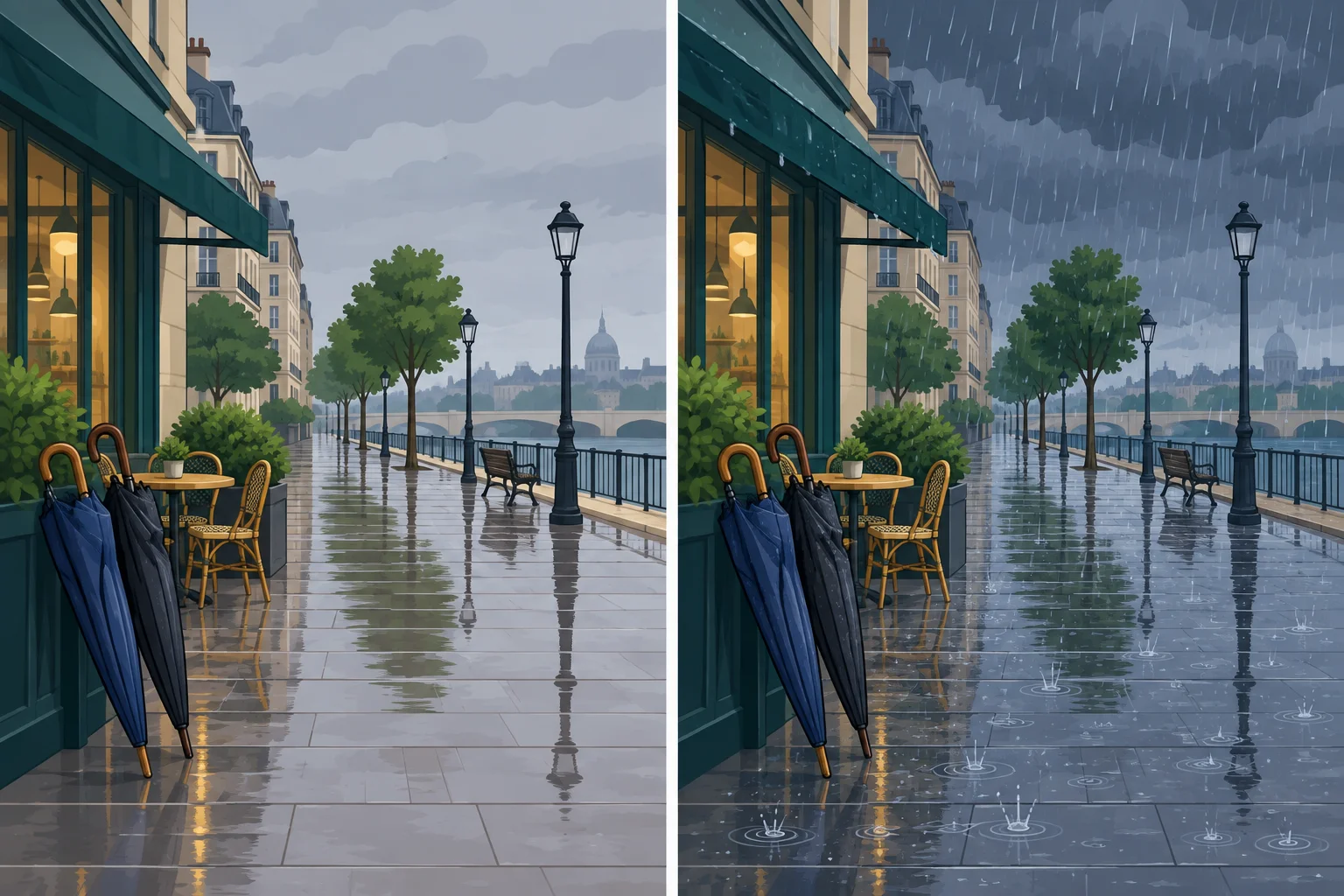 Comparação visual entre uma rua com aspecto chuvoso e a mesma rua com gotas de chuva caindo.