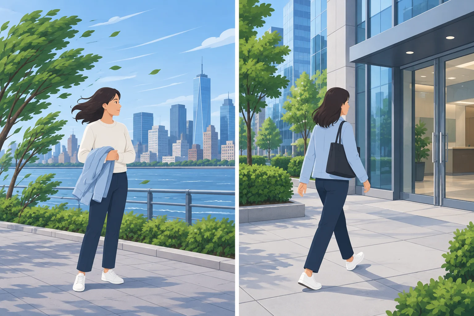 Ilustração de vento e temperatura fresca em uma cidade, com uma pessoa caminhando para o trabalho.
