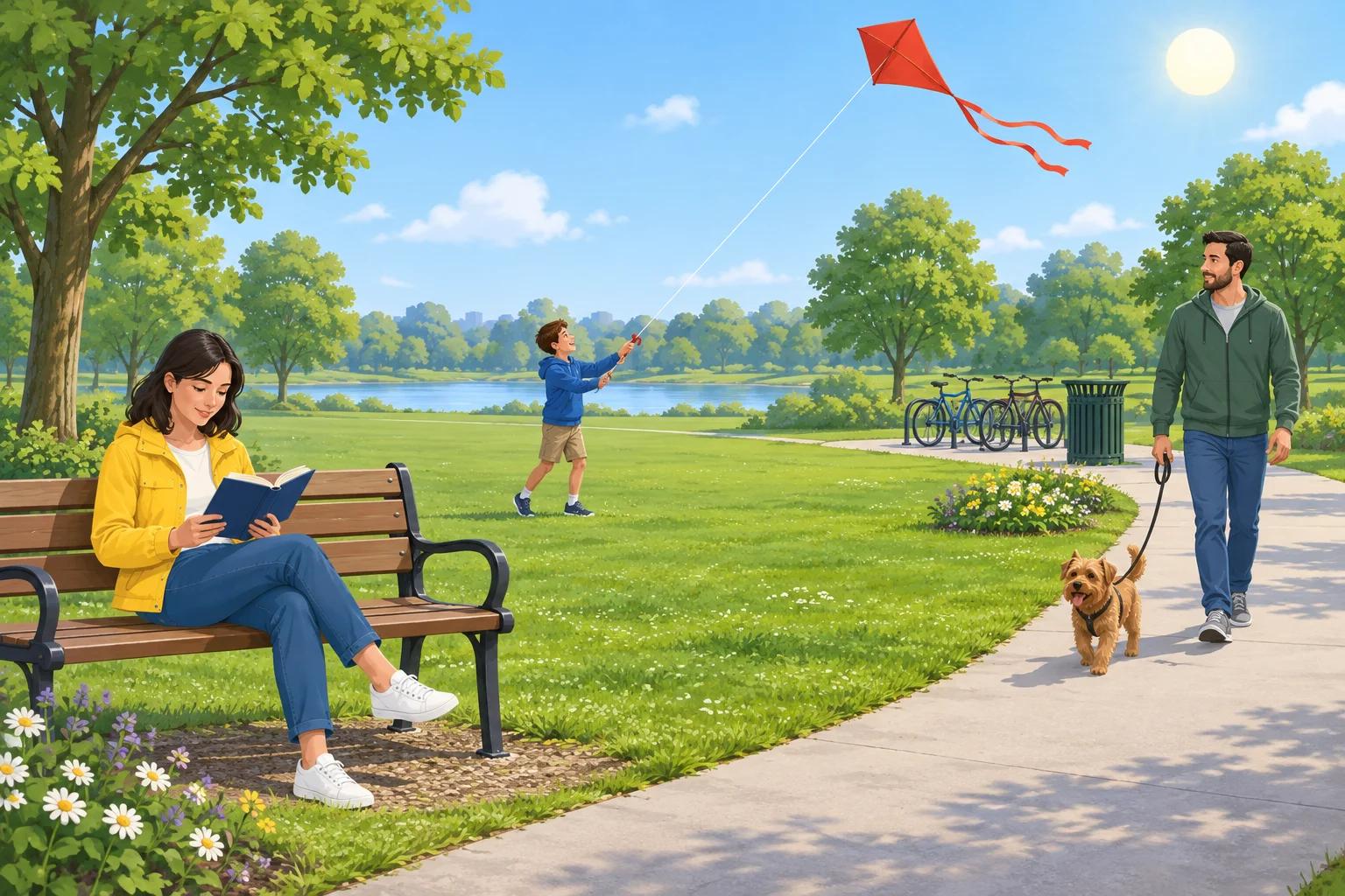 Em um parque ensolarado, uma mulher lê em um banco, um menino empina uma pipa e um homem passeia com um cachorro. Árvores, flores, uma lixeira e um bicicletário aparecem ao fundo.