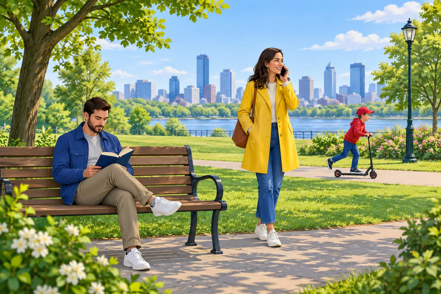 Em um parque ensolarado, um homem lê em um banco, uma mulher fala ao telefone e uma criança anda de patinete ao fundo.