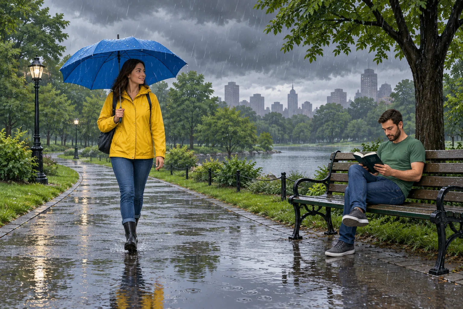 Em um parque chuvoso, uma mulher de capa amarela caminha com um guarda-chuva azul. Um homem de camiseta verde lê em um banco. Há gotas de chuva, poças e nuvens escuras.