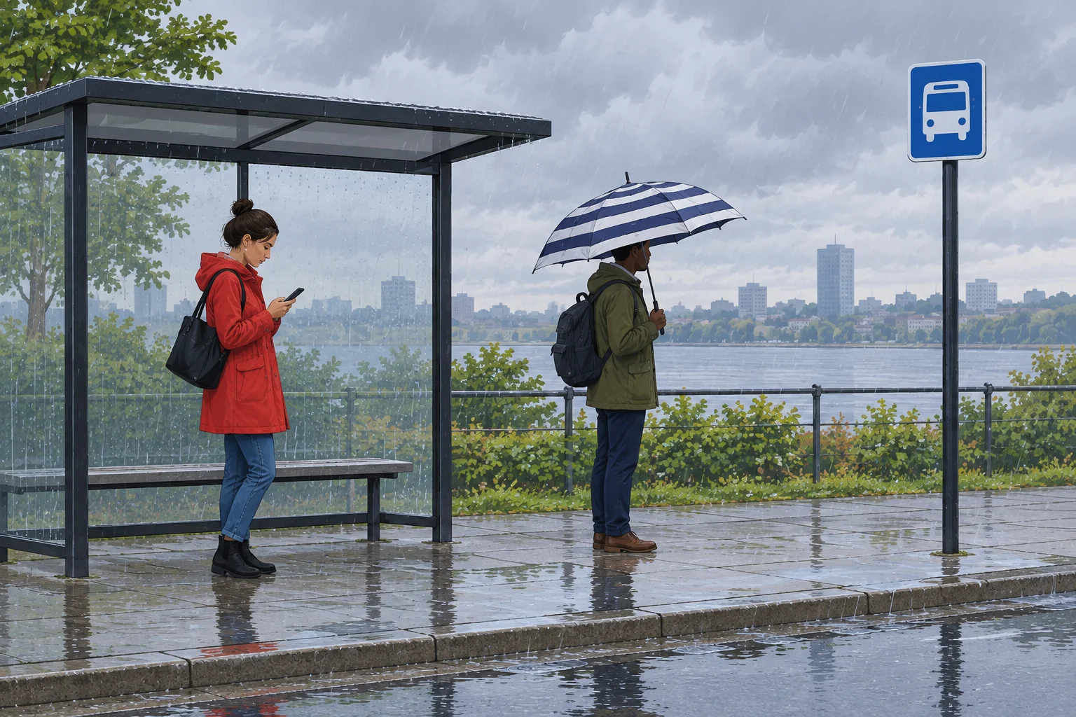 Em um ponto de ônibus, uma pessoa de casaco vermelho olha para o celular. Outra segura um guarda-chuva listrado. A calçada está molhada e há chuva leve.
