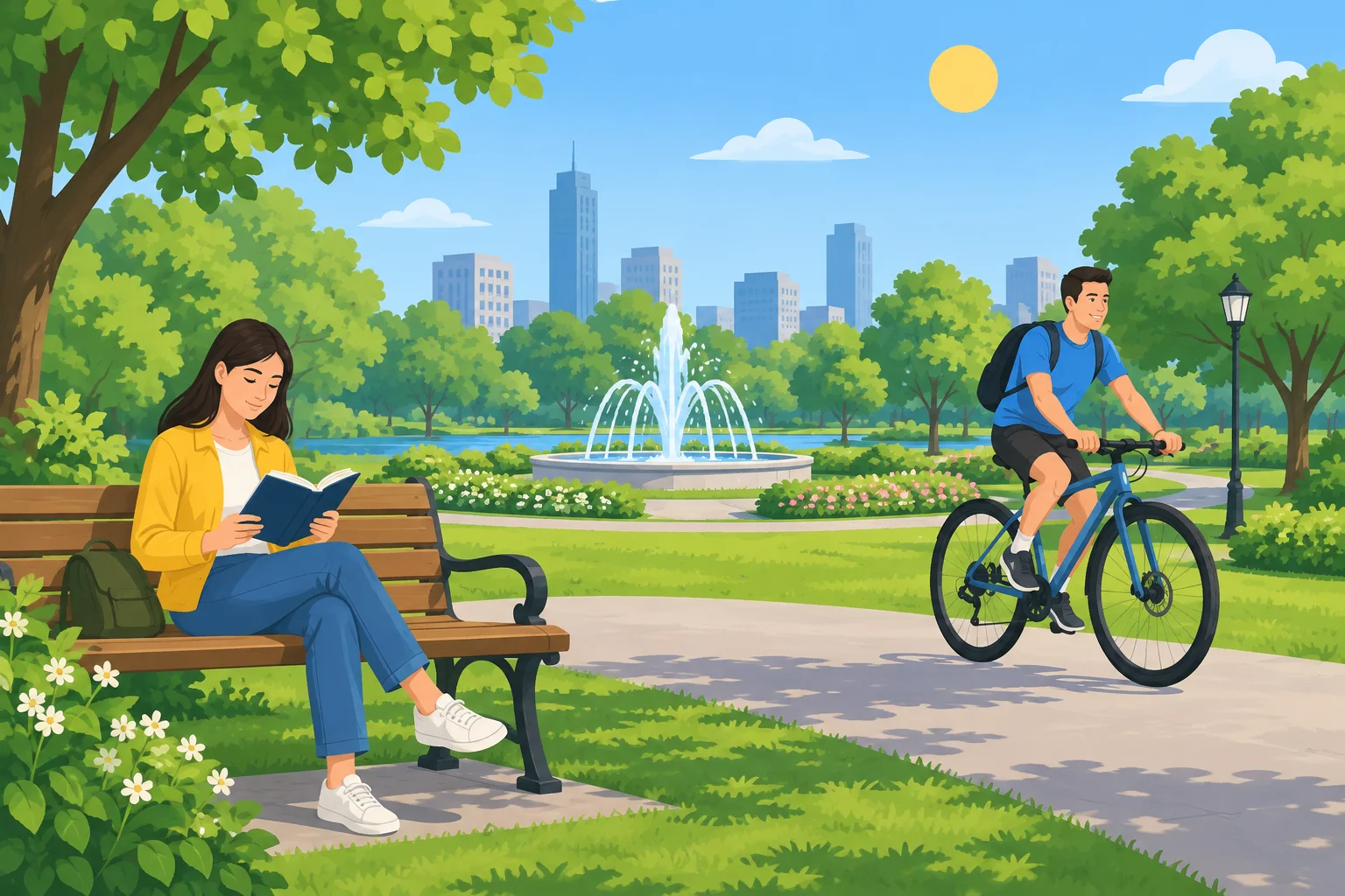 Parque ensolarado: uma mulher de jaqueta amarela lê em um banco e um homem de camiseta azul anda de bicicleta perto de árvores e uma fonte.