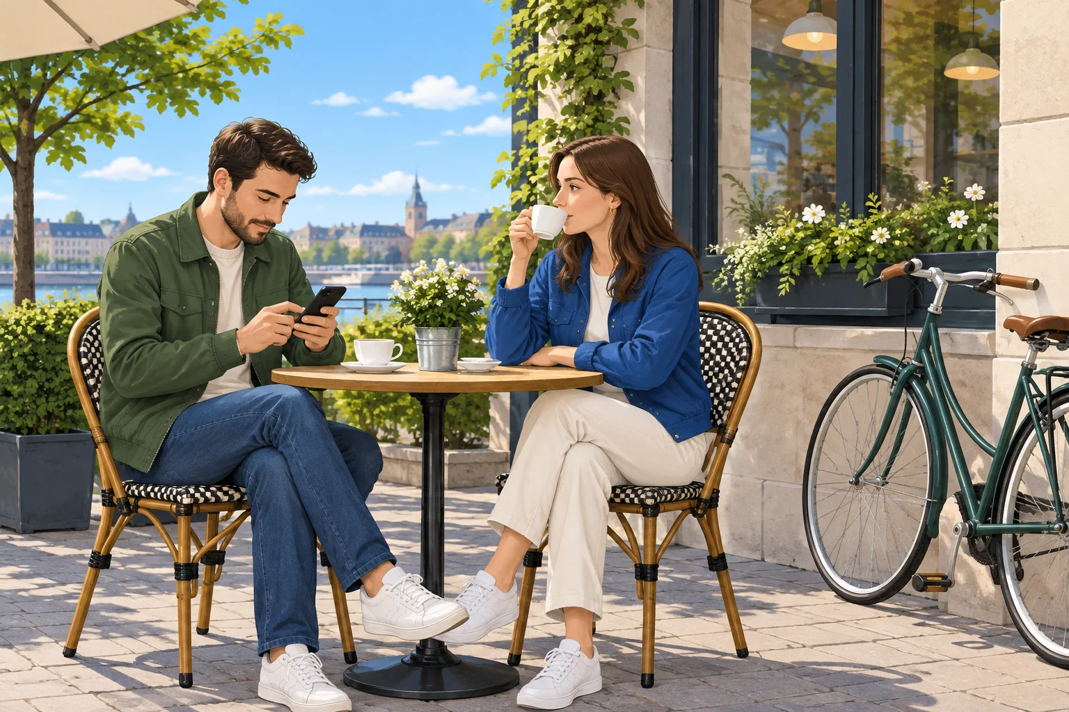 Em um café ao ar livre, um homem de jaqueta verde usa o celular e uma mulher de jaqueta azul toma café.