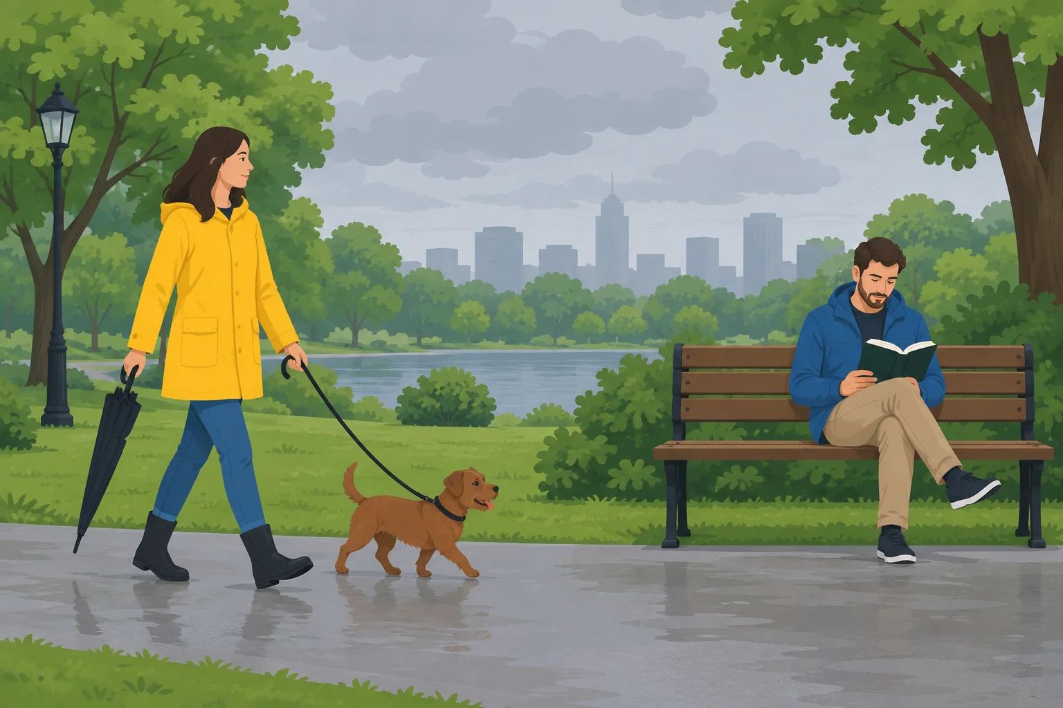 Em um parque com céu nublado, uma mulher de capa amarela caminha com um cachorro perto de um banco. Um homem de jaqueta azul está sentado no banco lendo um livro.