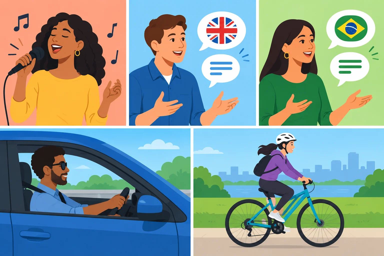 Ilustração com cinco atividades: cantar, falar inglês, falar português, dirigir e andar de bicicleta.