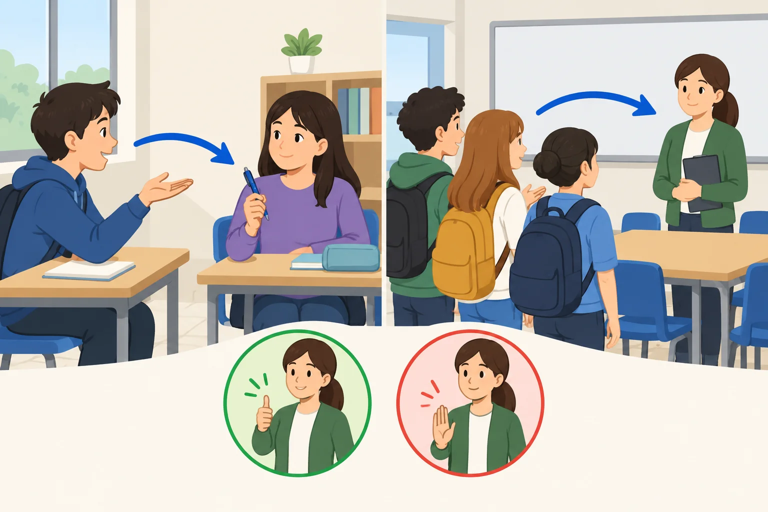 Ilustração de uma pessoa pedindo uma caneta ao dono e de um grupo pedindo para usar uma mesa à pessoa responsável.