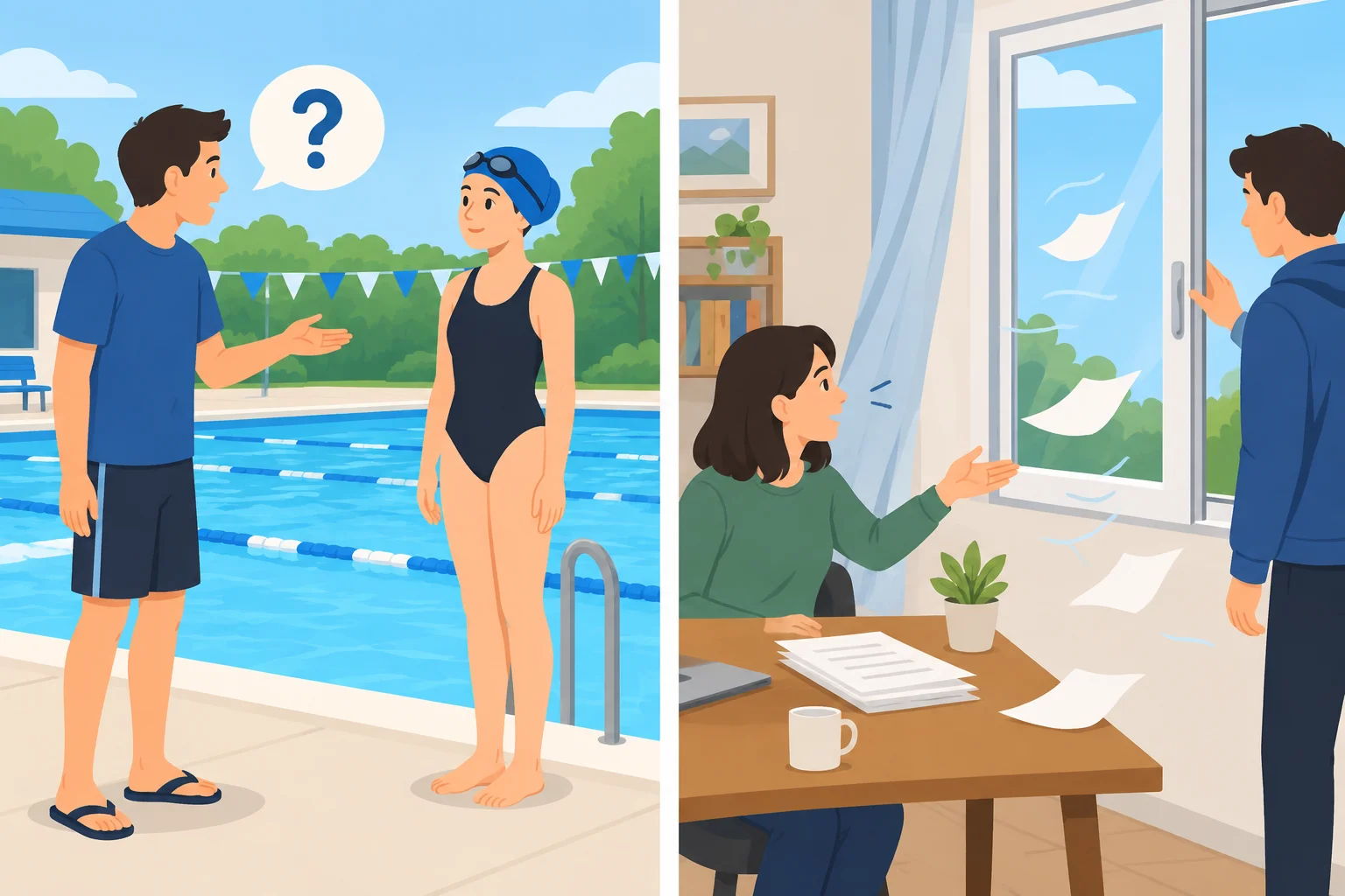 Comparação visual entre perguntar se alguém sabe nadar e pedir que alguém feche uma janela aberta.