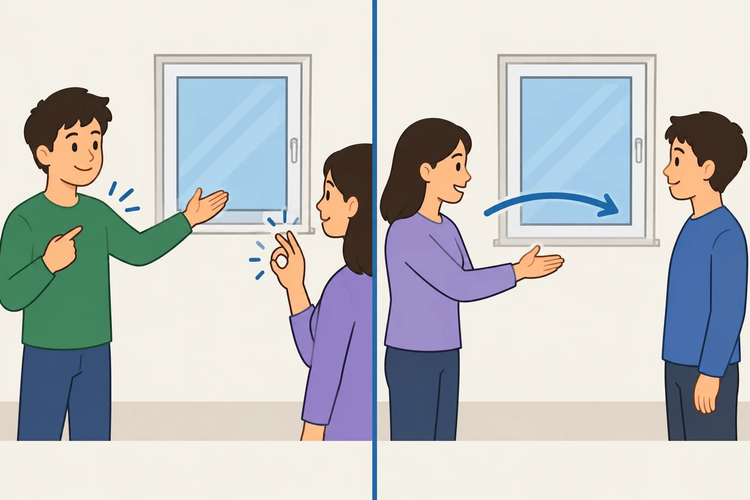 Comparação visual entre pedir autorização para abrir uma janela e pedir que outra pessoa abra a janela.