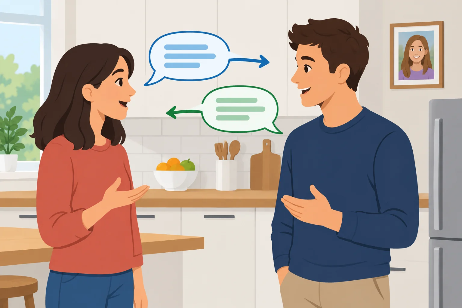 Diagrama com Ana e Ben trocando falas na cozinha; Mia aparece apenas em uma foto ao fundo, sem participar das setas de fala.