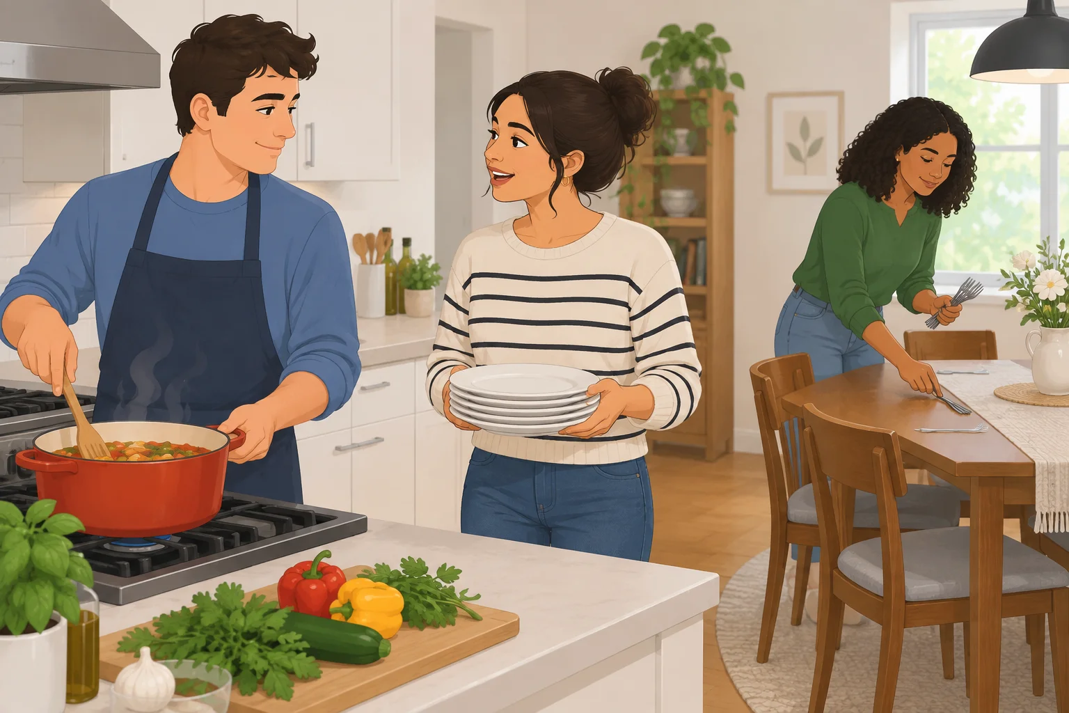 Ana fala com Ben na cozinha enquanto Mia organiza a mesa ao fundo.