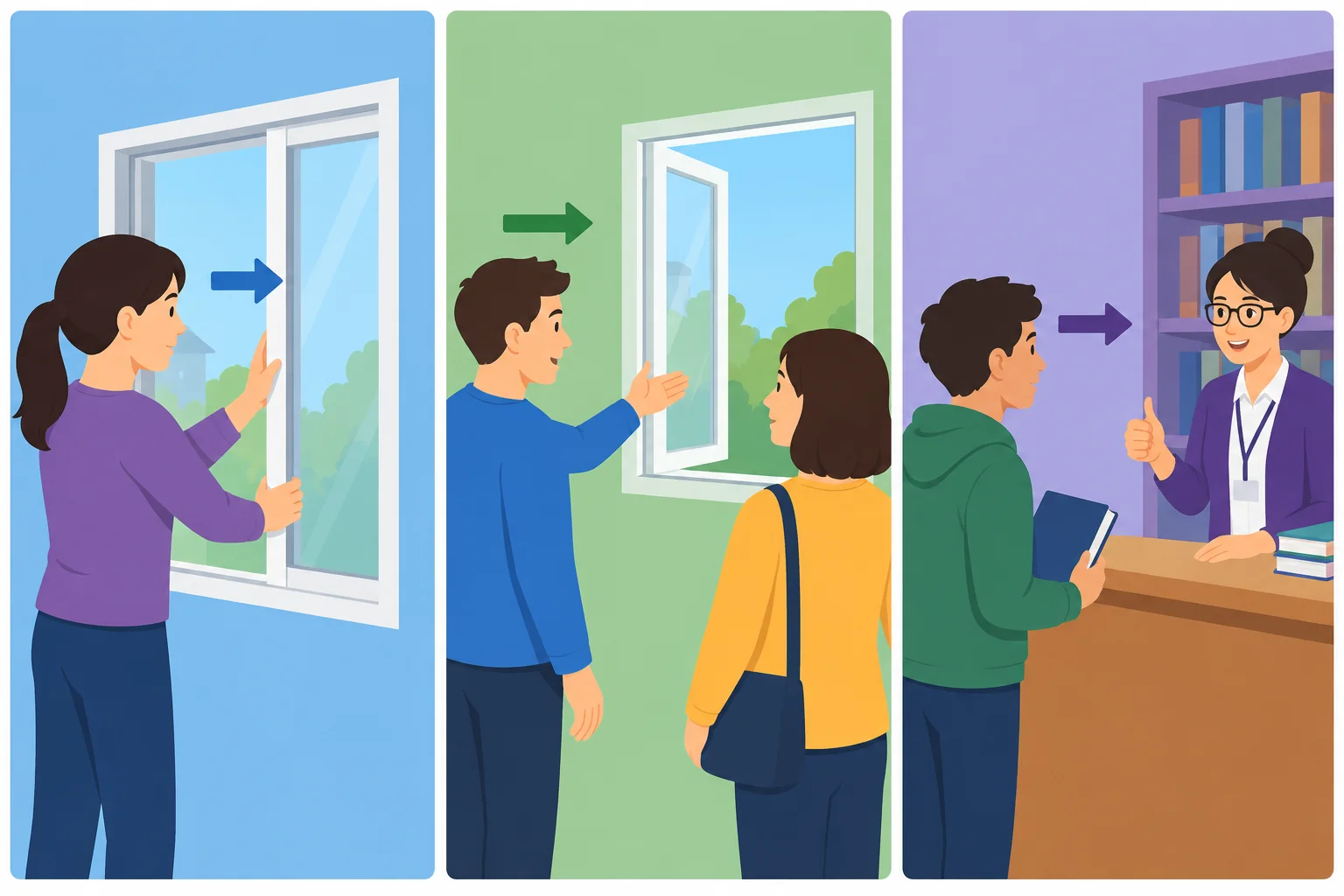 Comparação visual entre uma ação acontecendo, um pedido dirigido a outra pessoa e uma autorização para agir.