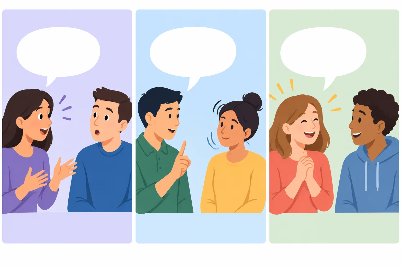 Três situações de conversa: surpresa, confirmação de entendimento e notícia positiva.