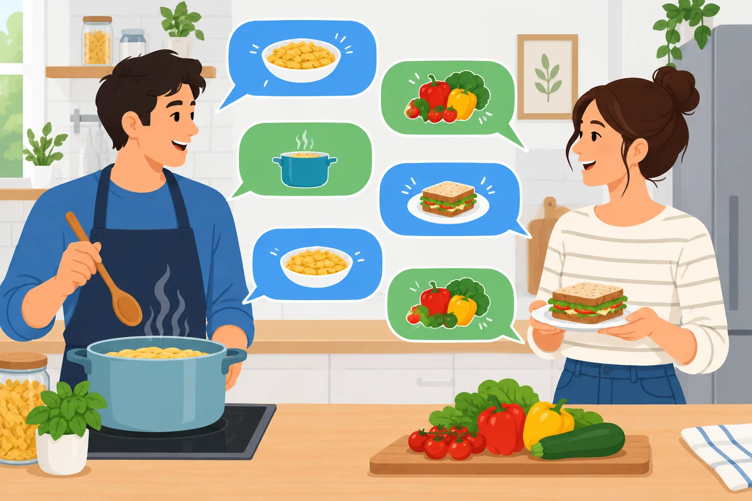 Diagrama visual de uma conversa equilibrada: duas pessoas alternam falas sobre comida, com detalhes de massa, legumes e sanduíche.