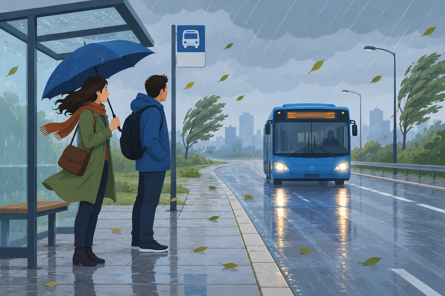 Duas pessoas em um ponto de ônibus em um dia chuvoso e com vento.