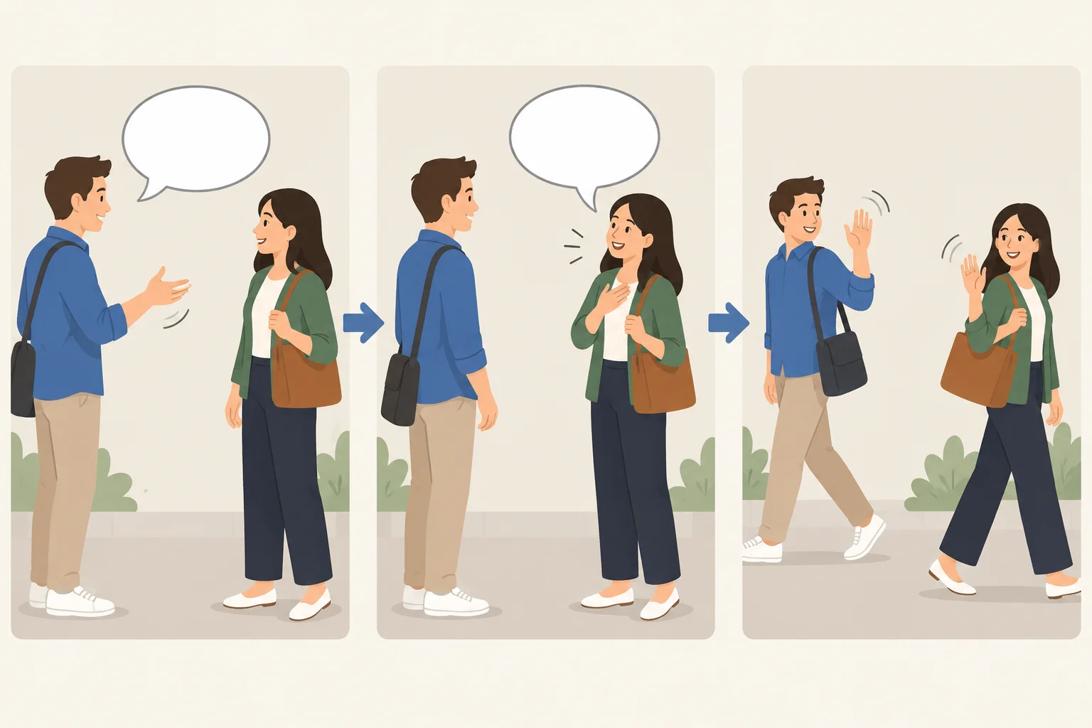 Diagrama em três momentos: sinal de encerramento, reconhecimento e despedida.