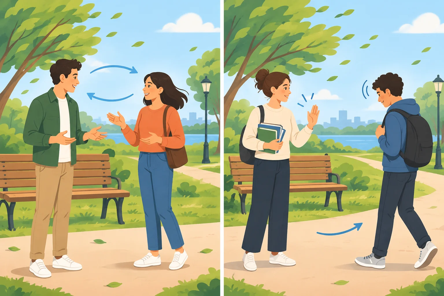 Comparação entre uma conversa que continua no parque e uma abordagem que termina porque a pessoa está ocupada.