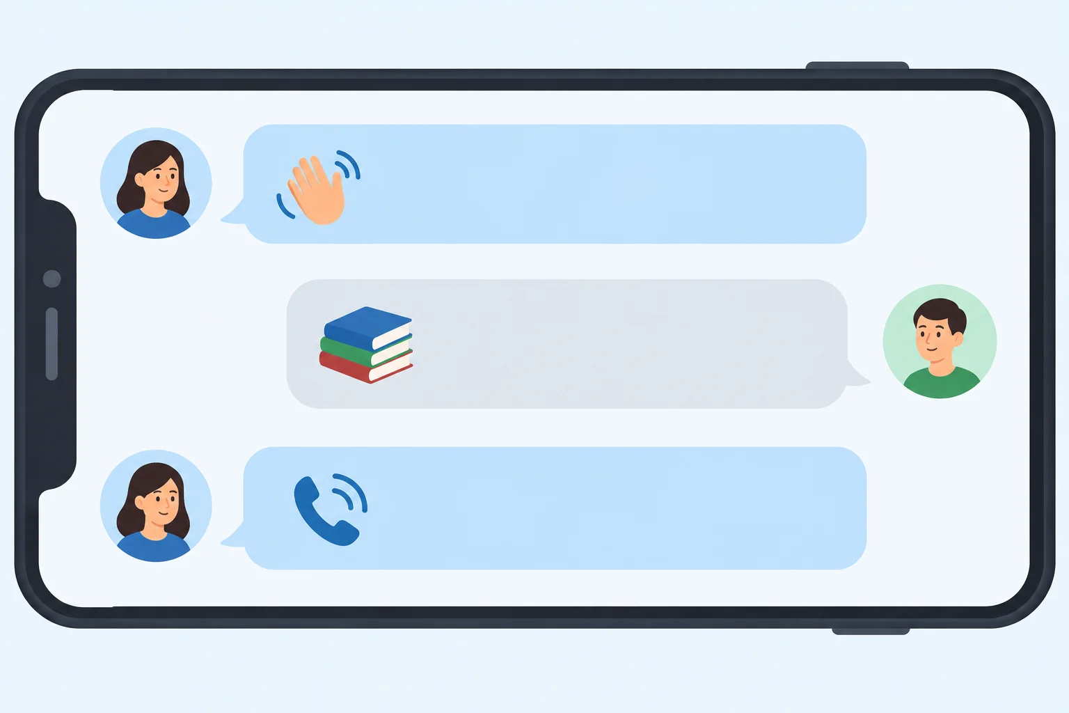 Tela de conversa com três mensagens curtas: uma abertura, uma informação sobre atividade e um pedido.