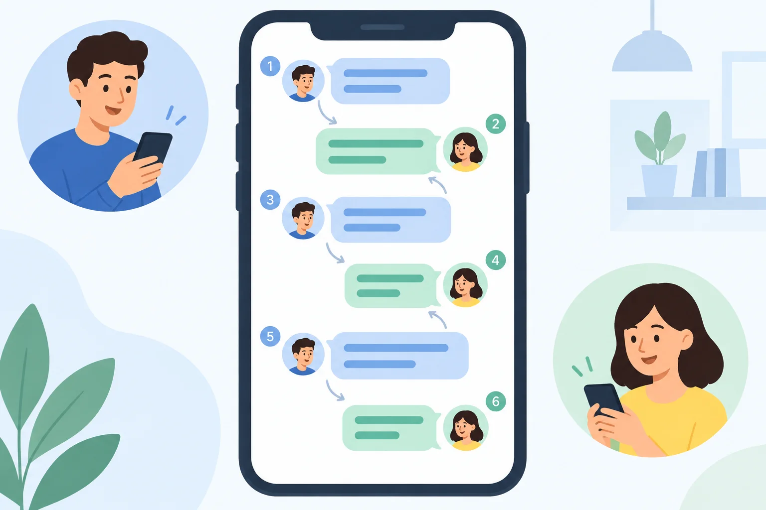 Diagrama de uma conversa por mensagens com seis balões em sequência: abertura, atividade atual, disponibilidade, pedido, resposta e encerramento.