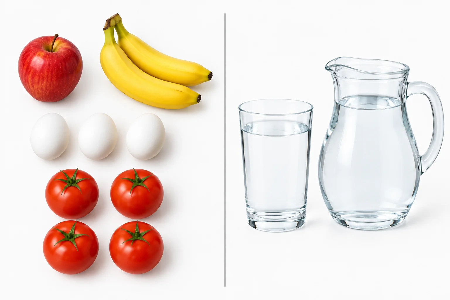 À esquerda, maçã, bananas, ovos e tomates aparecem separados; à direita, água aparece em um copo e uma jarra como uma substância.